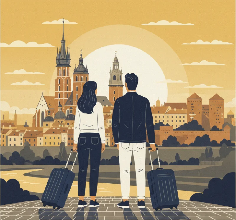 Para z walizkami patrzy na panoramę Krakowa